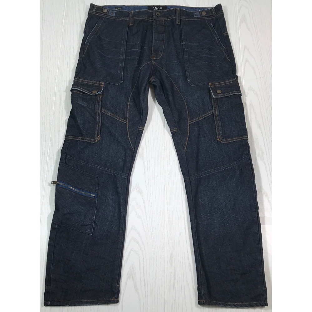 Akoo Cargo Jeans Men 38x30 Dark Blue Cotton Blend Bow Leg Fit Hip Hop Urban